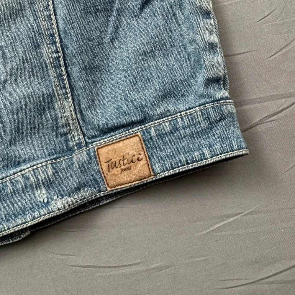 Justice Girls Medium Wash Distressed Cropped Denim Vest Size 12 Trucker Jacket